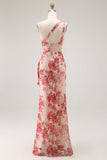 Champagne Floral One Shoulder Sheath Wedding Guest Dress with Slit