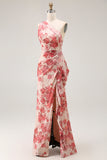 Champagne Floral One Shoulder Sheath Wedding Guest Dress with Slit