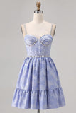 Blue Spaghetti Straps Brocade Beaded A Line Graduation Dress