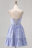 Blue Spaghetti Straps Brocade Beaded A Line Graduation Dress