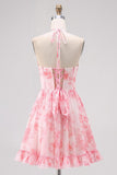 Pink Floral A Line V Neck Halter Corset Graduation Dress with Lace Up Back