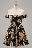 Off The Shoulder Black Floral A Line Beaded Mini Graduation Dress