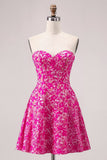 Fuchsia Floral Strapless A Line Mini Graduation Dress