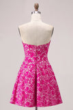 Fuchsia Floral Strapless A Line Mini Graduation Dress