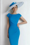 Sheath Chiffon Blue Bateau Mother of the Bride Dress with Cap Sleeves