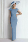 Sheath Chiffon Blue Bateau Mother of the Bride Dress with Cap Sleeves