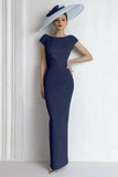 Sheath Chiffon Blue Bateau Mother of the Bride Dress with Cap Sleeves
