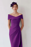 Grape Off the Shoulder Sheath Mother of the Bride Dress with Slit