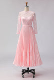 Blush Pink Pleated A Line Chiffon Midi Mother of the Bride Dress with Lace