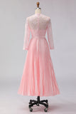 Blush Pink Pleated A Line Chiffon Midi Mother of the Bride Dress with Lace