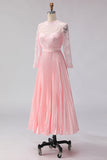Blush Pink Pleated A Line Chiffon Midi Mother of the Bride Dress with Lace