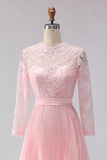 Blush Pink Pleated A Line Chiffon Midi Mother of the Bride Dress with Lace