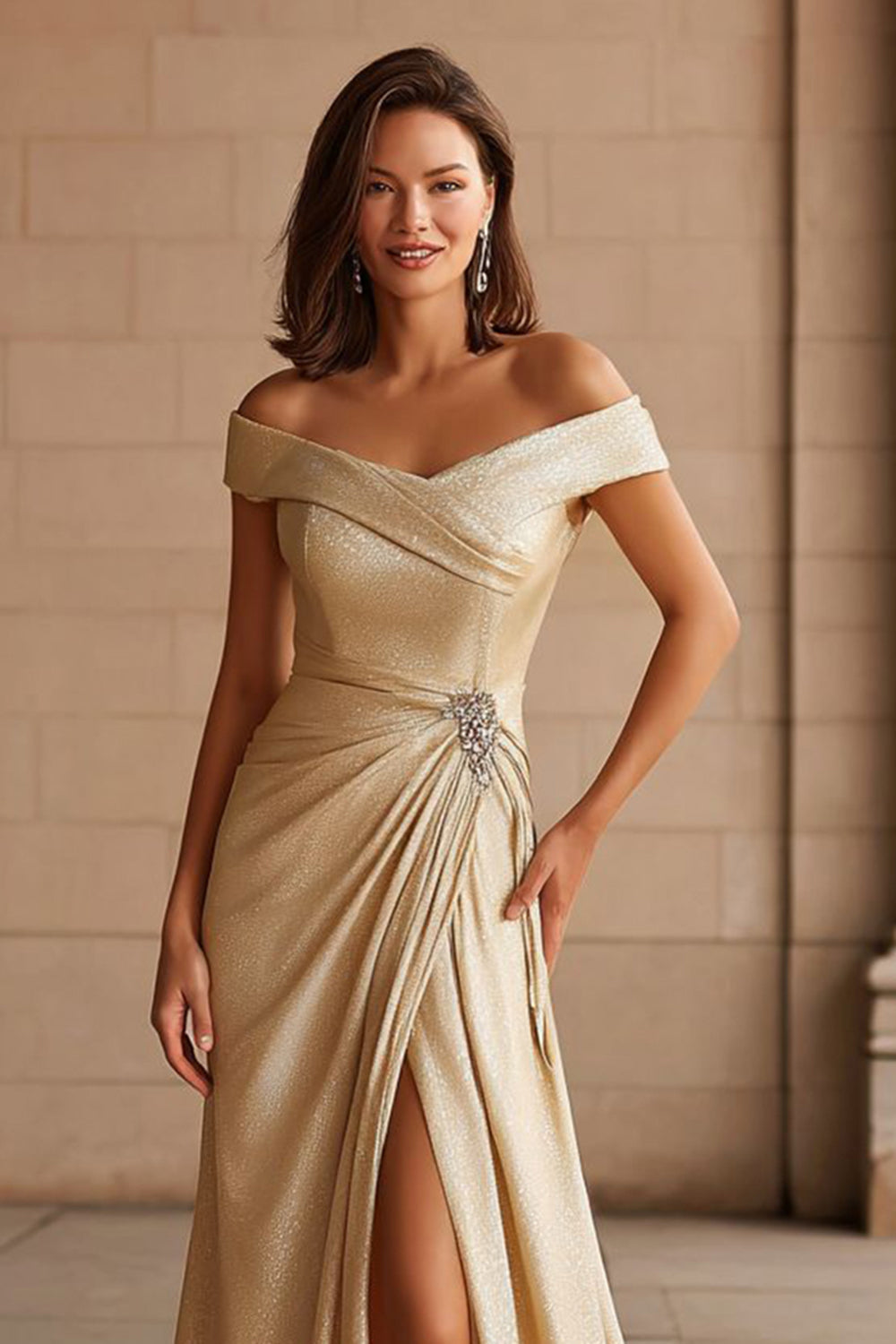 Zapaka Women Glitter Champagne Metallic Long Mother of the Bride Dress with Slit A Line Off the Shoulder Ruched Prom Dress ZAPAKA UK Zapaka Women Glitter Champagne Metallic Long Mother of the Bride Dress with Slit A Line Off the Shoulder Ruched Prom Dress ZAPAKA UK