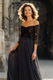 Black Off the Shoulder Chiffon Long Mother of the Bride Dress with Lace