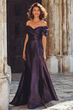 Plum Sheath Satin Off the Shoulder Long Mother of the Bride Dress
