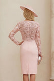 Blush Pink Sheath Boat Neck Midi Mother of the Bride Dress with Lace