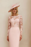 Blush Pink Sheath Boat Neck Midi Mother of the Bride Dress with Lace
