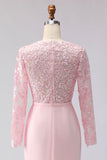 Sheath Blush Pink Appliqued Midi Mother of the Bride Dress with Long Sleeves