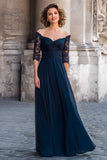 Navy A Line Long Off the Shoulder Mother of the Bride Dress with Lace