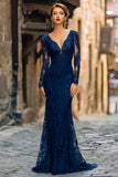 Navy Lace Mermaid V-Neck Maxi Mother of the Bride Dress with Sleeves