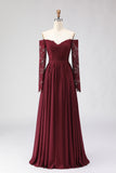 Cabernet Off the Shoulder A Line Lace Mother of the Bride Dress with Long Sleeves