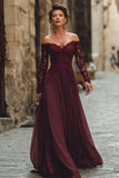 Cabernet A Line Off the Shoulder Long Mother of the Bride Dress with Lace