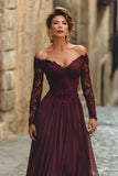Cabernet A Line Off the Shoulder Maxi Mother of the Bride Dress with Lace