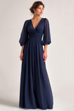 Navy Long V-Neck A Line Mother of the Bride Dress