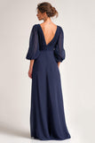 Navy Long V-Neck A Line Mother of the Bride Dress