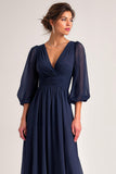 Navy Long V-Neck A Line Mother of the Bride Dress