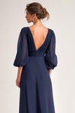 Navy Long V-Neck A Line Mother of the Bride Dress