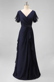 Navy Chiffon A Line V-Neck Ruffled Long Mother Of the Bride Dress