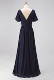 Navy Chiffon A Line V-Neck Ruffled Long Mother Of the Bride Dress