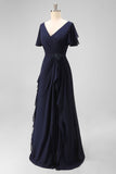 Navy Chiffon A Line V-Neck Ruffled Long Mother Of the Bride Dress