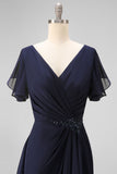 Navy Chiffon A Line V-Neck Ruffled Long Mother Of the Bride Dress
