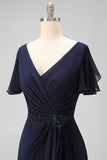 Navy Chiffon A Line V-Neck Ruffled Long Mother Of the Bride Dress
