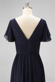 Navy Chiffon A Line V-Neck Ruffled Long Mother Of the Bride Dress