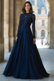 A-Line High Neck Navy Lace Applique Mother of the Bride Dress