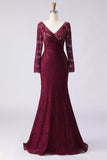 Cabernet Lace Mermaid V-Neck Appliqued Long Mother of the Bride Dress