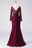 Cabernet Lace Mermaid V-Neck Appliqued Long Mother of the Bride Dress