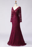 Cabernet Lace Mermaid V-Neck Appliqued Long Mother of the Bride Dress
