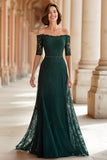 Dark Green A-Line Off the Shoulder Lace Appliques Mother of the Bride Dress