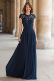 Navy A-Line Lace Applique Long Mother of the Bride Dress
