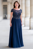 Navy A-Line Lace Applique Beading Mother of the Bride Dress