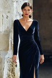 Navy Sheath V-Neck Slit Long Mother of the Bride Dress