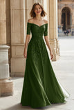 Pine A-Line Off the Shoulder Applique Mother of the Bride Dress with Beading