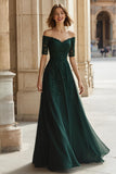 Pine A-Line Off the Shoulder Applique Mother of the Bride Dress with Beading