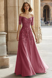 Pine A-Line Off the Shoulder Applique Mother of the Bride Dress with Beading