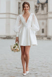 Ivory A-Line V-Neck Mini Satin Engagement Dress