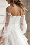 Ivory Off the Shoulder A-Line Polka Dots Engagement Dress